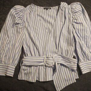 Blue Striped Faux Wrap Blouse